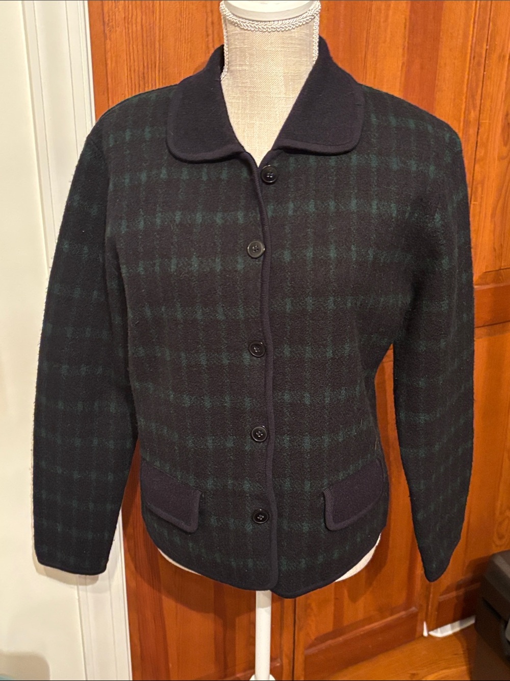 Wool-Blend Green Plaid Button-Up Jacket